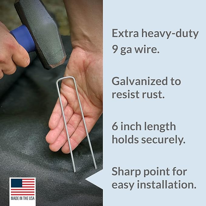 Pinnacle Mercantile 200 Pack Galvanized Garden Stakes Landscape Staples Extra Heavy Duty Sod Ground Anchors Anti Rust 6 inch Metal Pins 9 Gauge USA Made