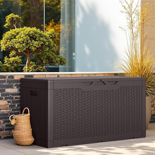 Greesum Outdoor Storage Box 100 Gallon Storage Bin with Lid for Patio Furniture, Garden Tools, Pool Supplies, Lockable, Waterproof and UV Resistant, Dark Brown