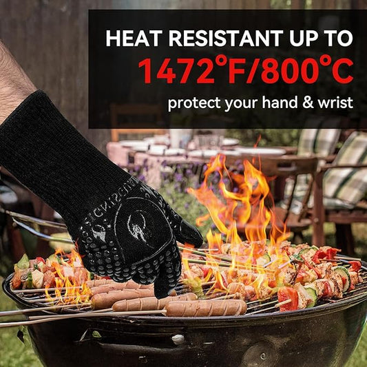 BBQ & Grill Gloves, Oven Gloves, 1472°F Silicone Oven Mitts Heat Resistant Grilling Gloves Fireproof Non-Slip for Barbecue Cooking Baking Smoking, 1-Pair Black(M)