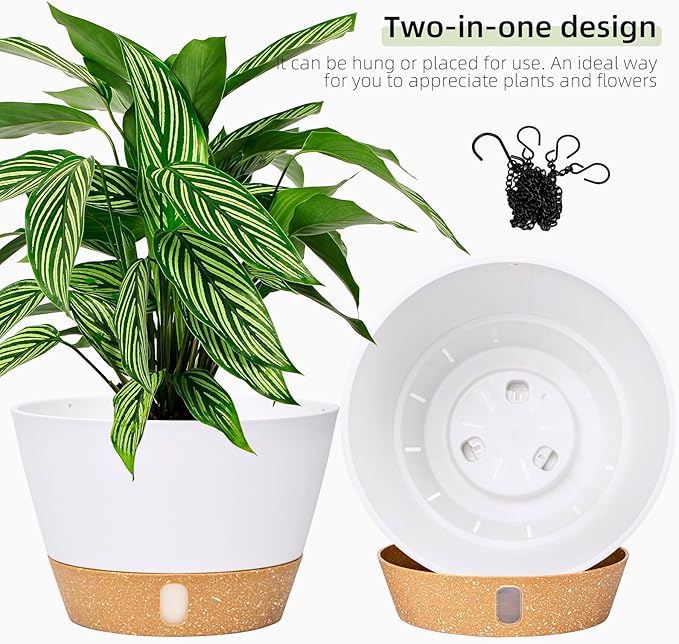QCQHDU 2 Pack 8 Inch Hanging Planters for Indoor Outdoor Plants, Hanging Baskets Flower Pots with Reservoir Tray & Visible Water-Level