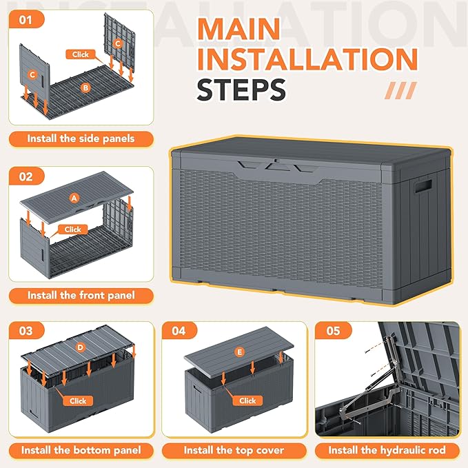 105 Gallon Deck Box Outdoor Indoor Waterproof Storage Box for Patio Furniture, Pool Accessories, Garden Tools, and Cushion Storage, Gray