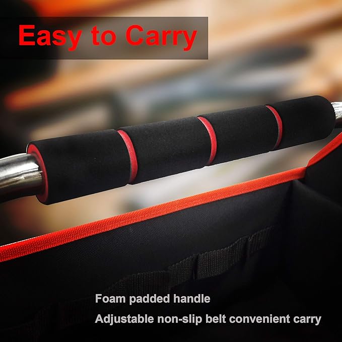 HAUTMEC 16 Inch Tool Bag, Foldable Open Top Tool Tote with Adjustable Shoulder Strap, 16 Pockets, Molded Base & Padded Handle, Portable Electrician Tool Organizer for DIY & Jobsite Use – TB0002