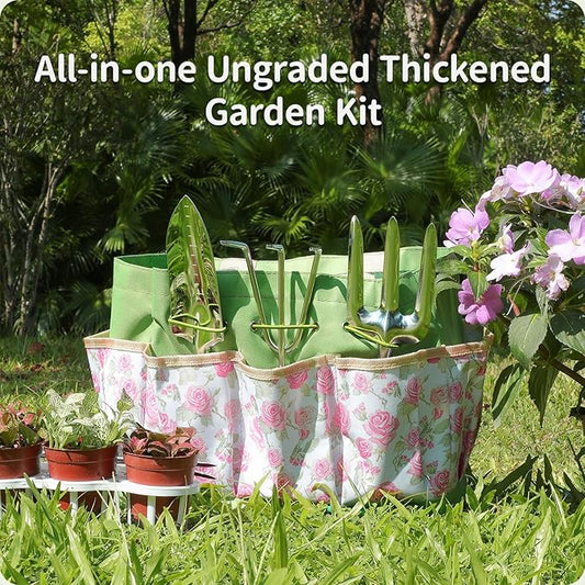 Garden Tool Set,10 Piece Garden Kit,Heavy Duty Stainless Steel Gardening Hand Tools with Durable Storage Tote,Rust-Proof Garden Tools,Gardening Gifts for Women Men Pink Floral Pattern Design