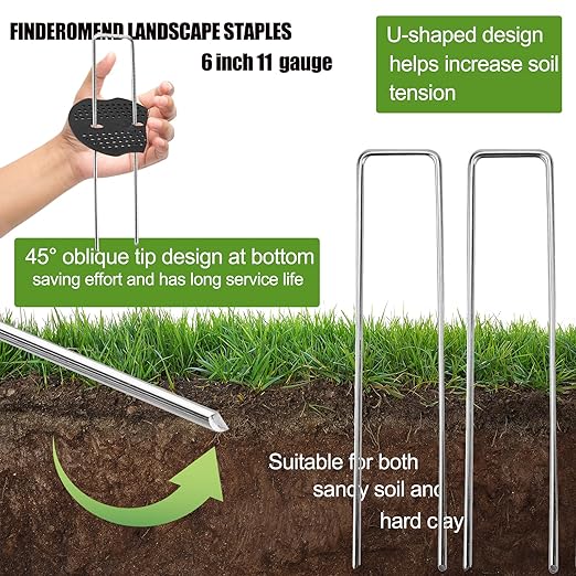 Finderomend 100 Pack Landscape Staples and 100 Pack Gaskets,6" Galvanized Steel Garden Staples 11 Gauge with Black Pads,Landscape Pins Turf Staples for Securing Weed Barrier Fabric Artificial Grass
