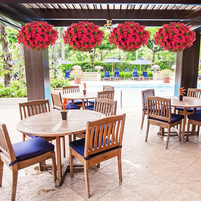 Artificial Hanging Flower Plants with Basket for Outdoor Decoration, Faux Petunias Flowers Fake Morning Glory Planter for Outside Patio Garden Porch Balcony Yard Decor(Red)