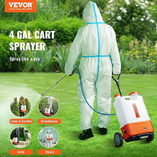 VEVOR 4 Gallon Battery Powered Backpack Sprayer with Wheeled Cart, Adjustable 0-94 PSI, 13FT Hose, 6 Nozzles, 2 Wands Included, Wide Mouth Lid for Weeding, Cleaning, Long Spray Time, White+Orange