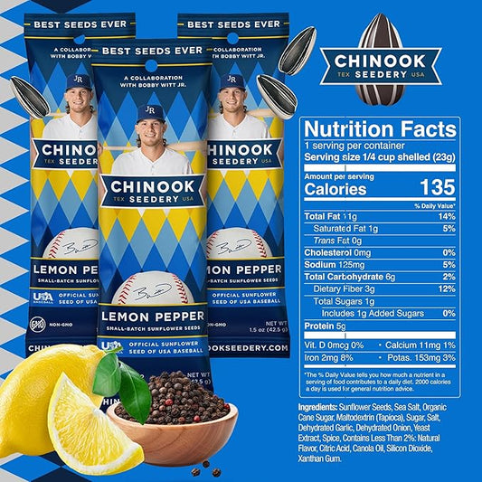 Chinook Seedery Low Sodium Sunflower Seeds – Lemon Pepper Flavor, Pack of 36, 1.5oz – Sunflower Seeds to Eat – Keto, Jumbo, Roasted, Baseball Snacks