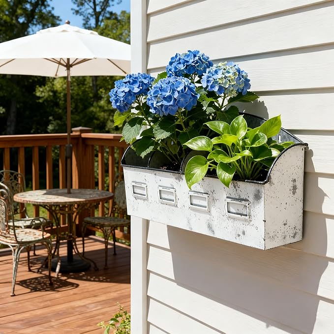 Vintage 4-Compartment Wall-Mounted Galvanized Metal Planter, Distressed White Hanging Flower Pot for Succulents, Herbs, Indoor Outdoor Garden Decor