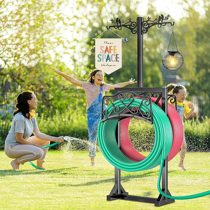 Garden Hose Holder for Outside,Water Hose Holders with 2 Bird Statue Shepherds Hooks & 5 Spikes,Double-Sided Freestanding Hose Stand Heavy Duty Hose Storage Rack for Outdoor Yard Lawn Farm