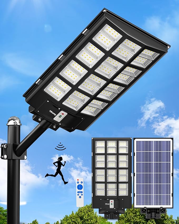 Ofuray Of-5600W Solar Street Lights Outdoor,560000Lm Solar Security Flood Lights Parking Lot Lights Commercial Dusk to Dawn, 6500k Waterproof Led with Remote Control Motion for Street,Court,Barn