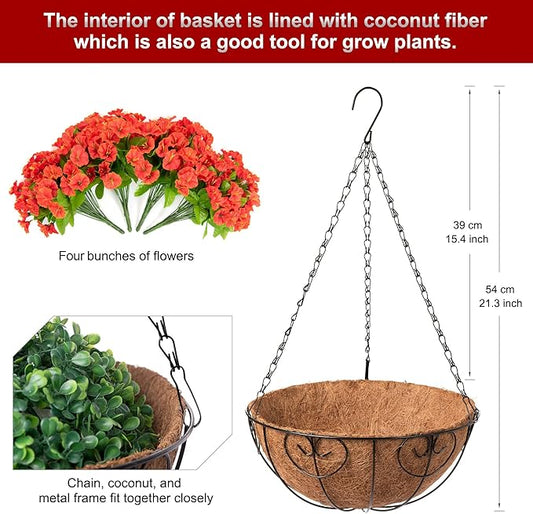 Artificial Fall Hanging Flower Plants with Basket for Summer Autumn Outdoor Decoration, Faux Petunias Flowers Fake Morning Glories Planter for Outside Patio Garden Porch Balcony Yard Decor(Orange)