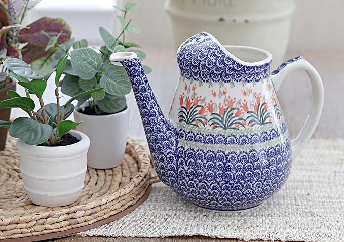 Blue Rose Polish Pottery - Orange Spring Tulip Watering Can - 8" Tall - Polish Pottery Watering Can, for The Garden, Patio or Indoor Décor