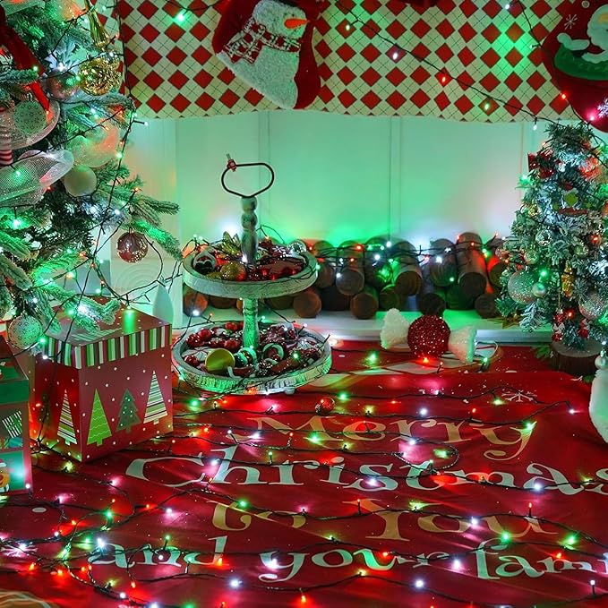 YEGUO 66ft 200 LED Christmas Lights Outdoor Waterproof, 8 Modes Red White and Green String Lights Plug in, Green Wire Twinkle Tree Lights Indoor with Timer Memory
