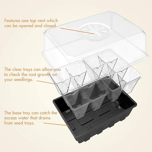 Gardzen 10 Pack Seed Starting Tray, Plant Germination Trays, Seed Starter Kit with Adjustable Humidity Vented Dome, Plant Growing Kit 6.6" x 4.5", Total 120-Cell, Clear