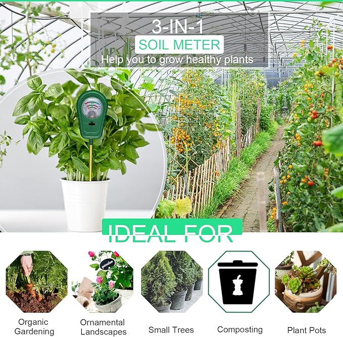 3-in-1 Soil Test Kit, Soil Moisture Meter/Soil ph Meter/Fertility Soil Tester, Soil Hygrometer for Garden, Farm, Plant, Outdoor, Indoor, Lawn Care Moisture Meter for Hous Plants (No Battery Needed)