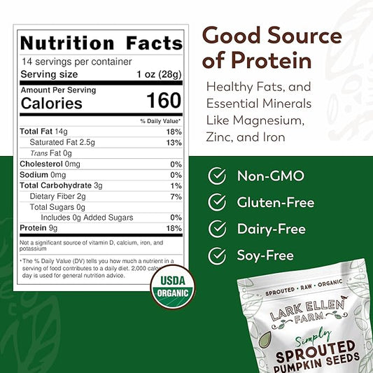 Lark Ellen Farm Sprouted Organic Pumpkin Seeds – Raw, Unsalted, Air-Dried Pepitas for Snacking, Salads, Trail Mix – USDA Organic, Non-GMO, Vegan, Gluten-Free, Resealable Bag (14 oz, 1 Pack)