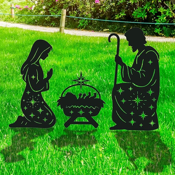 Outdoor Nativity Scene Garden Stakes Decorations, 3PCS Metal Silhouette Outdoor Nativity Set Garden Decor, for Yard Patio Lawn Garden Pathway