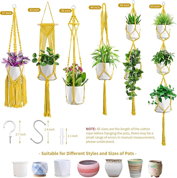 Macrame Plant Hangers, 6Pack Hanging Planters for Indoor Plants w/ 6 Set Hangers Kit Handmade Macromay Plant Hangers Indoor Flower Pots Holder Stand for Boho Home Décor (POTS NOT Included)