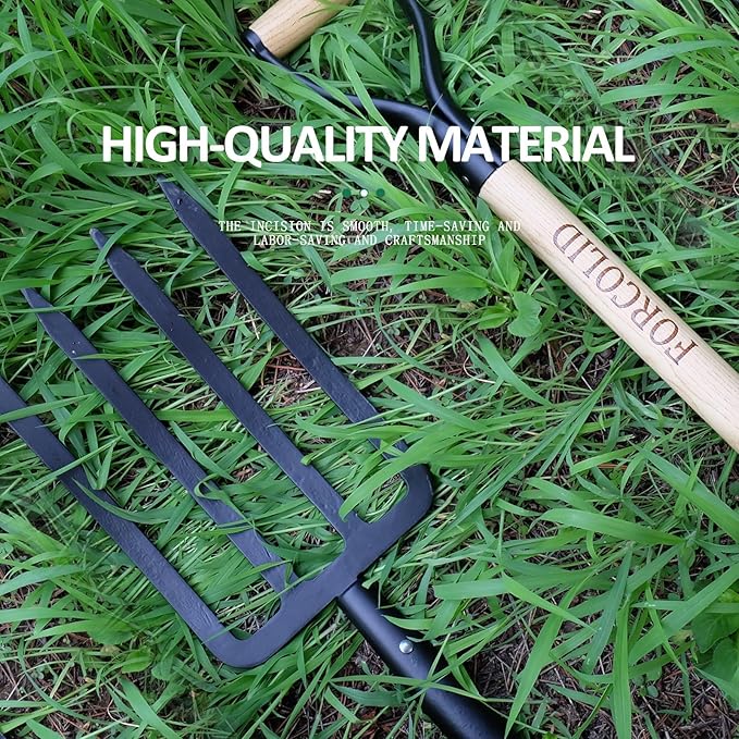 Garden Fork, 4-Tine Spading Digging Fork, Pitch Fork-45Inch, Forged Steel Y-Grip, Wood Handel-Red