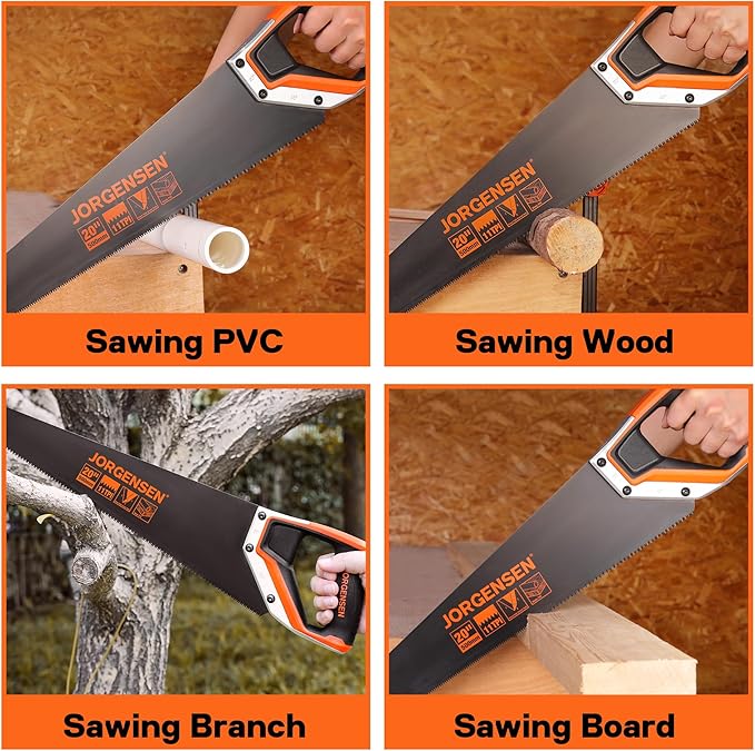 JORGENSEN 20 Inch Black Coated Pro Hand Saw, 11 TPI Fine-Cut Ergonomic Non-Slip Aluminum Ultrasonic Welding Handle for Sawing, Trimming, Gardening, Woodworking, Drywall, Plastic Pipes