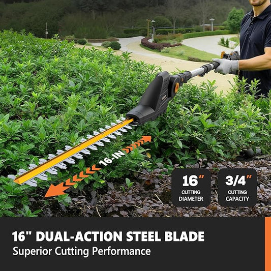 Alloyman 2-in-1 Telescopic Cordless Pole Hedge Trimmer 16-Inch and Pole Saw 8.6-Inch,with 2 Packs 4.0Ah Batteries & Charger,for Tree Trimming and Shrubs Pruning