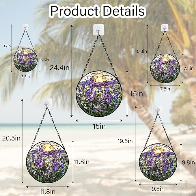 Stained Glass Window Hanging - Purple Lavender Suncatcher for Door Terrace Garden Home Decor Plant Flowers Landscape Sun Catcher Birthday Gifts for Lovers Women Men Dad Mom Nana 15 in