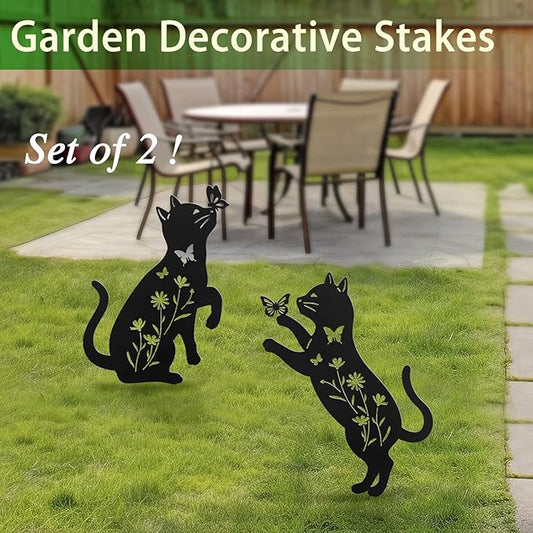 Metal Cat Garden Decor for Outside,Set of 2 Black Cat Silhouette Garden Stakes,Cat Yard Decor Outdoor