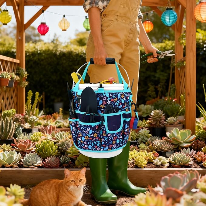 KUNN Bucket Tool Organizer 5 Gallon with Hangable Handle 18-Pocket Detachable Bucket Bag for Tools, Garden Caddy Tote with Pockets, Heavy Duty 600D Polyester Gardening Accessory,Blue