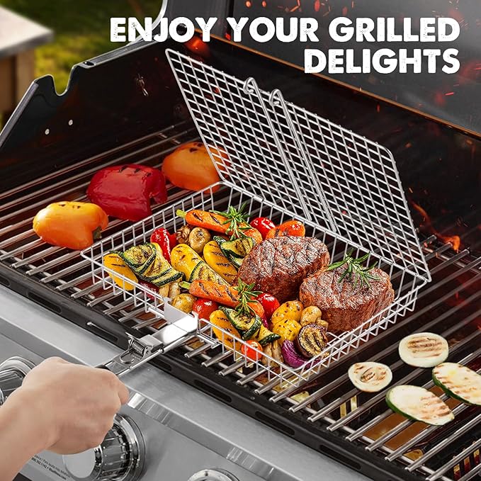 Nesting Grill Baskets, 2pcs Grilling Baskets for Outdoor with Removable Handle, Stainless Steel BBQ Camping Cooking Accessories Tools for Fish, Vegetable, Shrimp - Gifts for Men Dad Husband