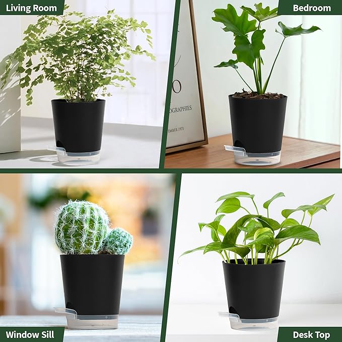 4 Inch 5 Pack Small Self Watering Pots for Indoor Plants, Nursery Pot with Drainage Holes and Saucers, Plastic Small Flower Planter for Succulent, Aloe, Cacti and More(Black)