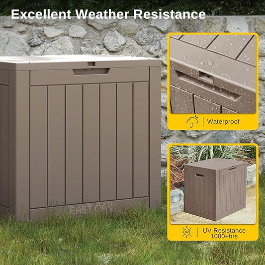 EAST OAK Outdoor Storage Box, 31 Gallon Deck Box, Waterproof Resin Storage Bin for Patio Cushions, Gardening Tools, Accessories, Lockable, UV Resistant, Brown