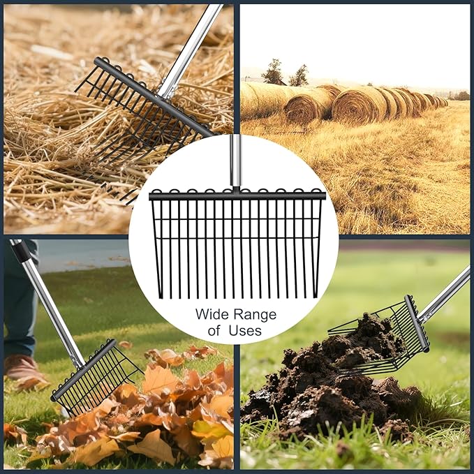 Pitch Forks for Garden with 18 Tines, 53" Non-Slip Adjustable Steel Handle, Durable Broadfork for Turning Mulch and Hay, Gardening Pitchfork with Universal Extension Handle Attachment For Licorice