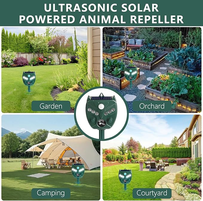 2 Pack 2025 Upgraded Solar Ultrasonic Animal Repellent Outdoor – Motion Activated Deer, Squirrel, Cat, Raccoon, Dog & Bird Deterrent with Multi-Frequency LED Strobe & Ultrasonic Sweep for Garden Yard