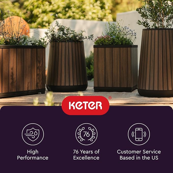 Keter Signature 21.7 Inch Tall Rectangular Large Wood Look Planter for Indoor or Outdoor Flower Pot Ideal for Patio Deck and Front Porch Decor, Rosewood