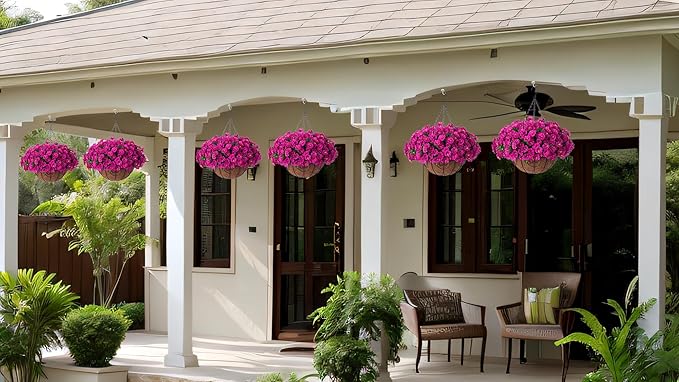Artificial Hanging Flower Plants with Basket for Outdoor Decoration, Faux Petunias Flowers Fake Morning Glory Planter for Outside Patio Garden Porch Balcony Yard Decor(Fuchsia)