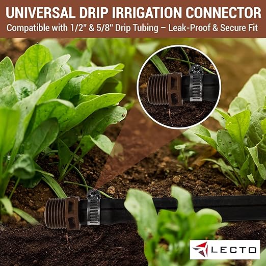 LECTO 1/2" MPT Drip Irrigation Adapter – Fits 1/2" & 5/8" Drip Tubing, Barbed Connector with Stainless Steel Clamp, UV-Resistant (1 Pack)