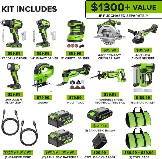 Greenworks 24V Brushless 10PC Power Tool Combo, Drill+Impact Driver+Circular Saw+Recip Saw+Jig Saw+Sander+Light+Multi-Tool+Nailer+Grinder (2) 4.0Ah+2.0Ah Batteries (24,000mAh Power Bank) USB-C Charger