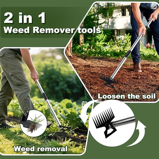Weed Puller Tool with Long Handle, 60" Manual Weeder Remover Tool, 2 in 1 11-Tine Heavy Duty Manual Weed Rake and Garden Hoe, Weeding Tools for Yard, Lawn, Patio, Garden