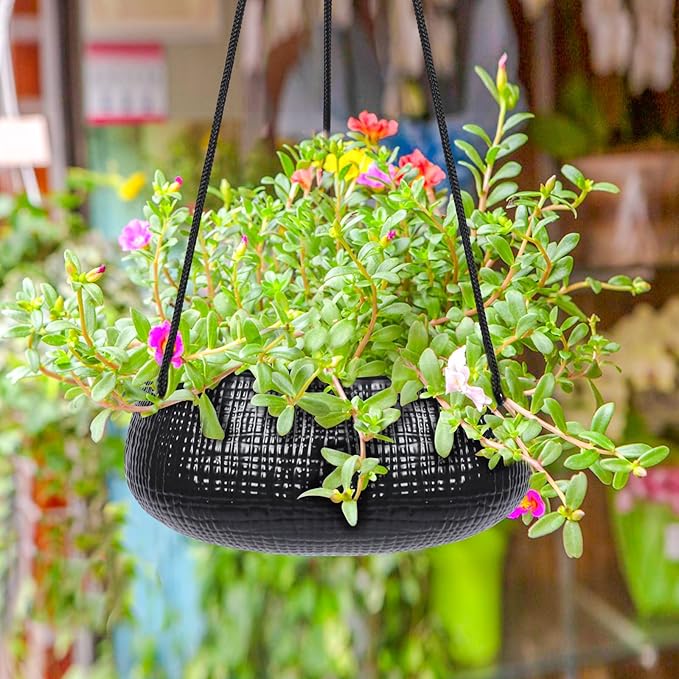 8 Inch Hanging Planters for Indoor Plants - Small Hanging Flower Pots with Drainage Holes Round Ceramics Hanging Plant Pots Black