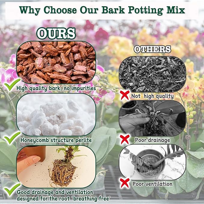 Orchid Potting Mix, 4 Quarts Orchid Bark Potting Mix with Pine Bark, Coco Peat & Perlite, Orchid Bark for Indoor Plants, Orchid Soil with Excellent Water Retention & Ventilation