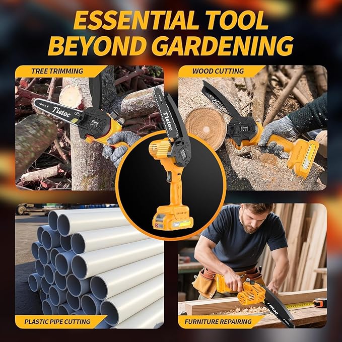 Tietoc Chainsaw, Electric Mini Chain Saw Cordless Power Hand Saw with 4000mAh Battery and Oil System for Tree Trimming & Wood Cutting, Garden Tools Gift for Men Dad Husband Gardener | 6 Inch