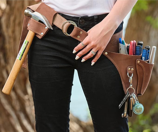 Leather Garden Tool Belt For Women- Florist Belt Holster, Utility Belt Apron for Gardening, DIY, Fits Up to 53", Gift Box Included (Left Handed Brown)