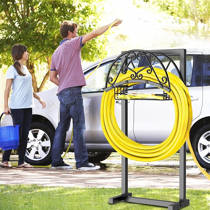 Garden Hose Holder Hanger Freestanding, Upgraded 4 Spikes Heavy Duty Storage Reel Stand with Storage Basket, Holds 150ft Hose for Outside Garden Yard Lawn vegetable patch
