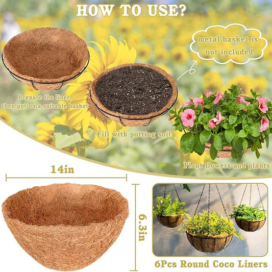 Halatool 6PCS 14 Inch Coco Fiber Liners - 100% Natural Coconut Fiber for Planters, Round Hanging Basket Liners for Flowers, Vegetables