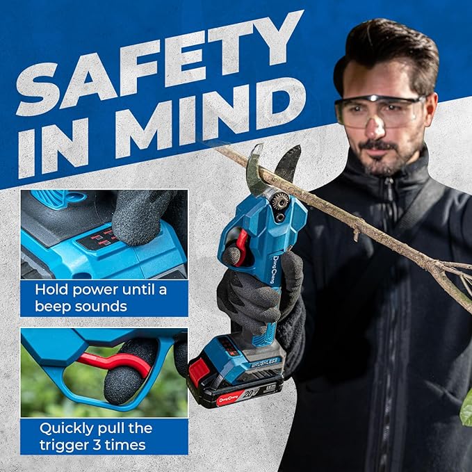 Dong Cheng 20V Brushless Electric Pruning Shears, 4 Cutting Levels up to 35 mm, Professional Brushless Motor, 2.0 Ah Battery, 2 A Charger, SK5 Blade – For Fruit Trees, Gardening