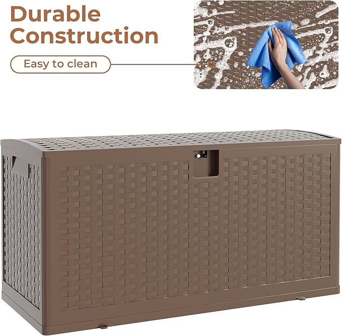 73 gal Brown Resin Deck Box, Outdoor Storage Box Waterproof Lockable, Patio Deck Box For Package Delivery, Outside Storage Box Container for Furniture Cushions, Garden Tools, Pool Accessories