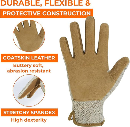 HANDLANDY Gardening Gloves for Women, Breathable Ladies Leather Garden Yard Gloves Best Gift for Gardeners