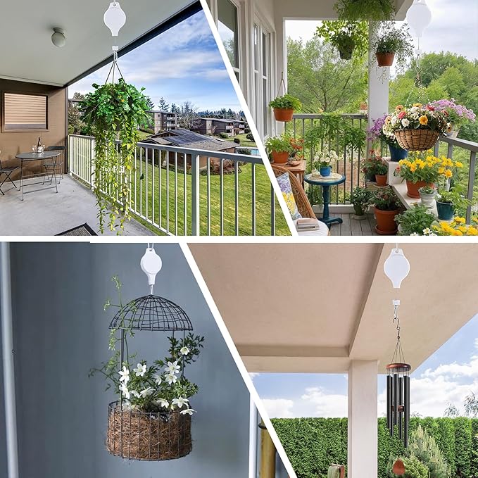 Retractable Plant Hanger with Pulley System, Effortless Raising and Lowering for Indoor and Outdoor Plants, Hanging Planters, Garden Pots & Bird Feeders (4-Pack,White)