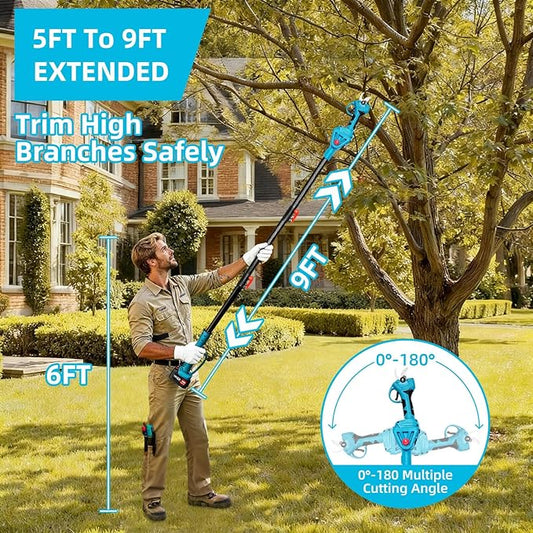 2-IN-1 Brushless Pole Pruning Shear, 2 * 2000mAh Battery, 15ft Reach 1.2" Cutting Diameter, Battery Powered Cordless Electric Pruning Shears, Pole Pruner for Garden Tree Trimming Branch Cutting