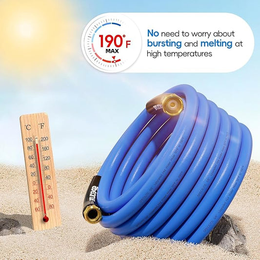 SPECILITE Hot/Cold Garden Water Hose 100 ftx 5/8 in, -50℉ To 190℉, Heavy Duty, Flexible, Burst 605 Psi, Lightweigh, Upgraded Rubber Pipe with 3/4" Brass Fittings For Backyard, Outdoor, Farm, Blue
